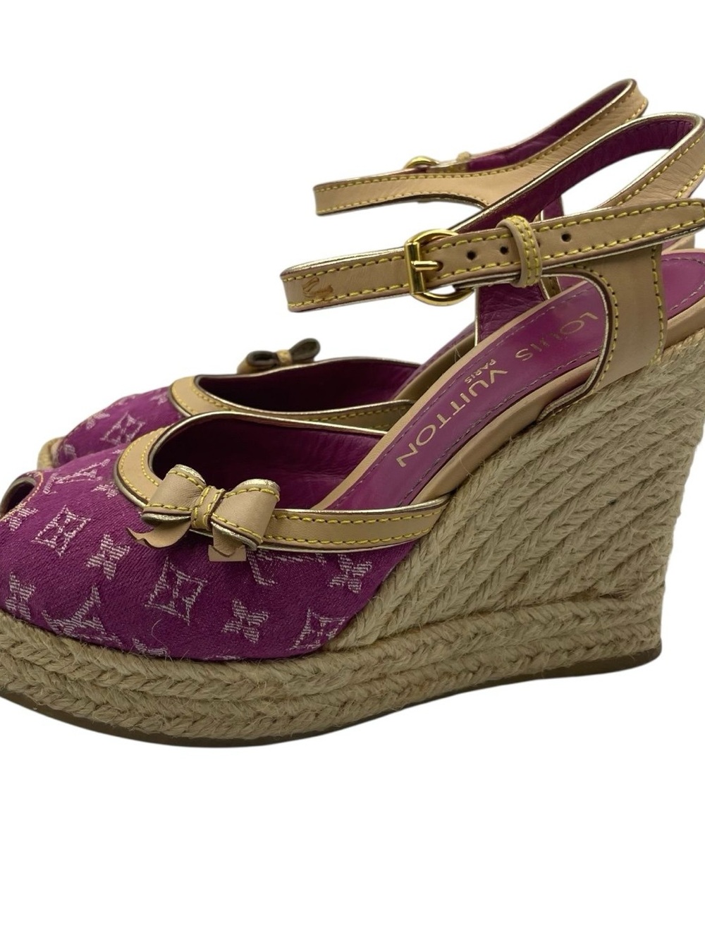 RARE Louis Vuitton Helios Wedge Sandals Pink Denim Monogram canvas EU36 US6 - Picture 3 of 10